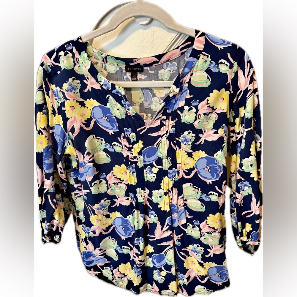 Talbots Blue and Yellow Graphic Blouse with Mandarin Collar